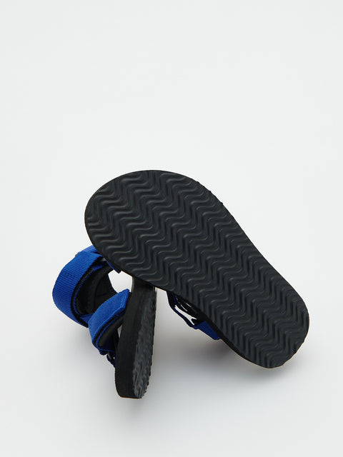 Black sandal with blue straps on a white background