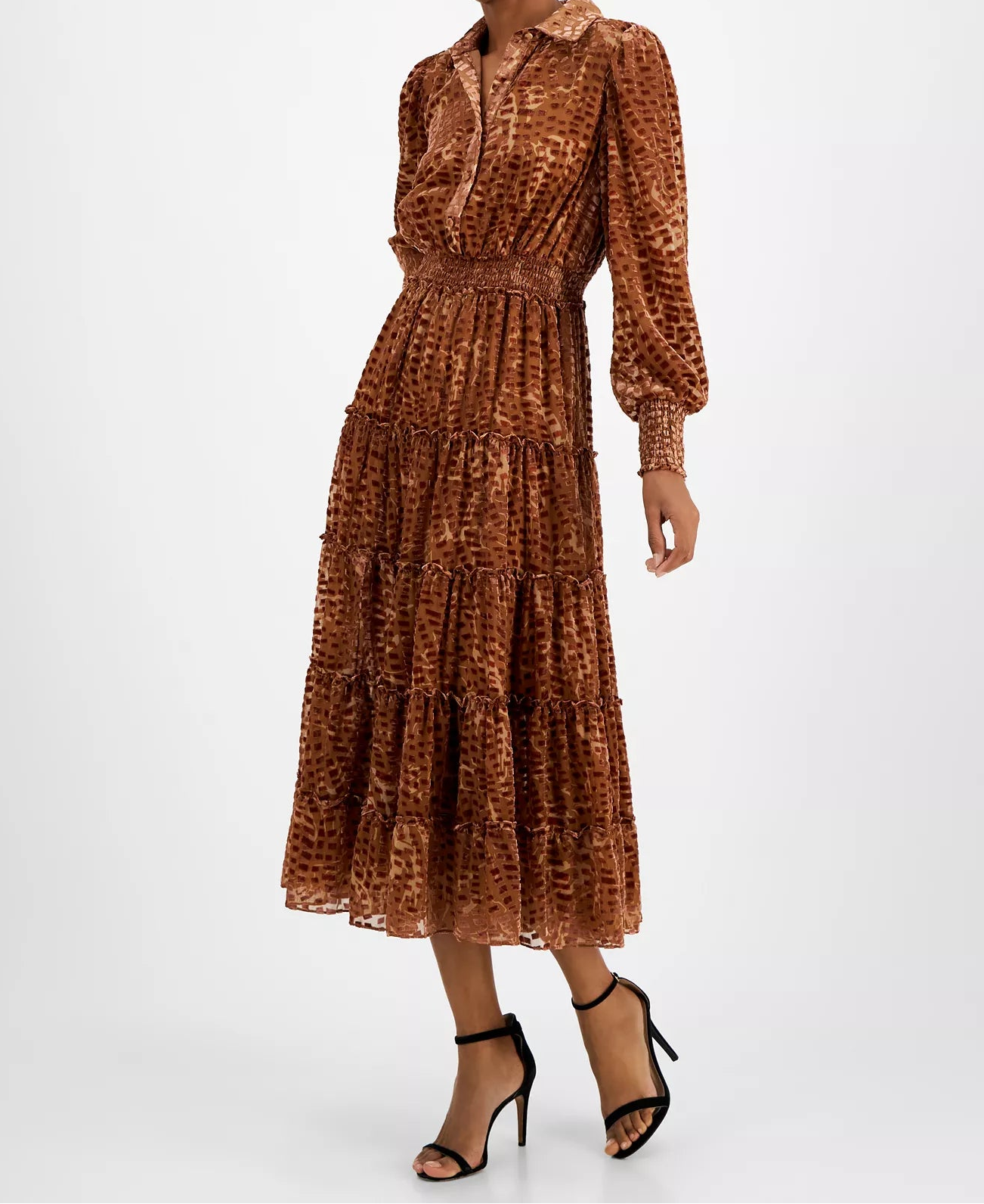 T Tahari Women Brown Animal Print Tiered Smocked Midi Dress | T Tahari in Lebanon
