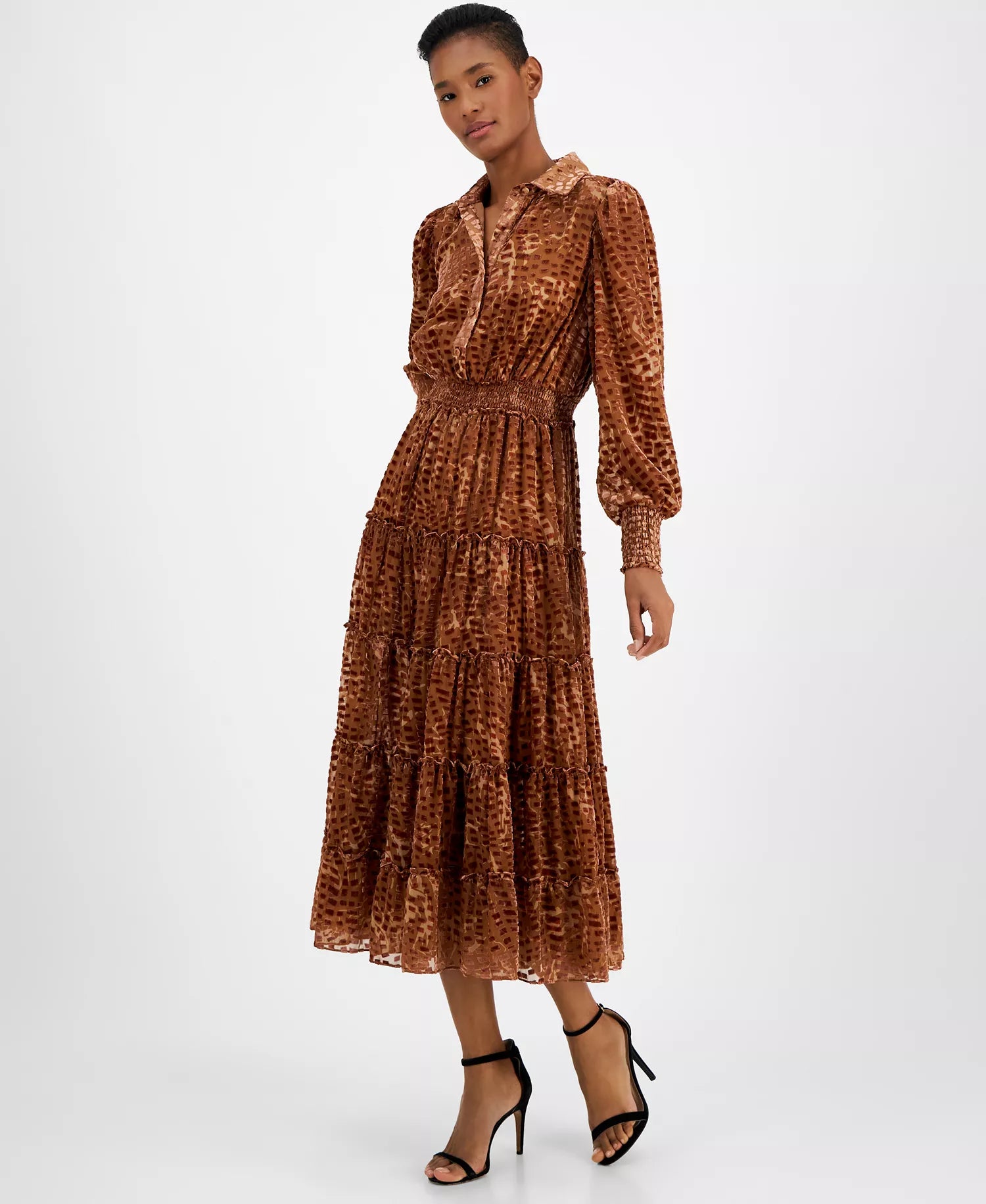 T Tahari Women Brown Animal Print Tiered Smocked Midi Dress | T Tahari in Lebanon