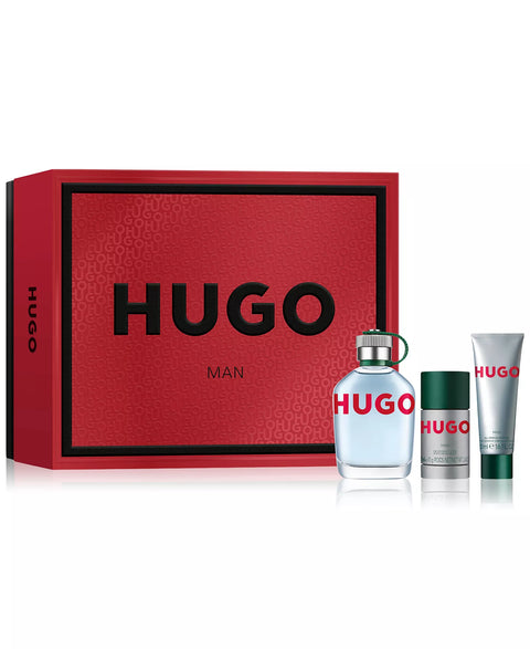 Hugo Boss men's perfume set with red box, bottle, and tube on a white background