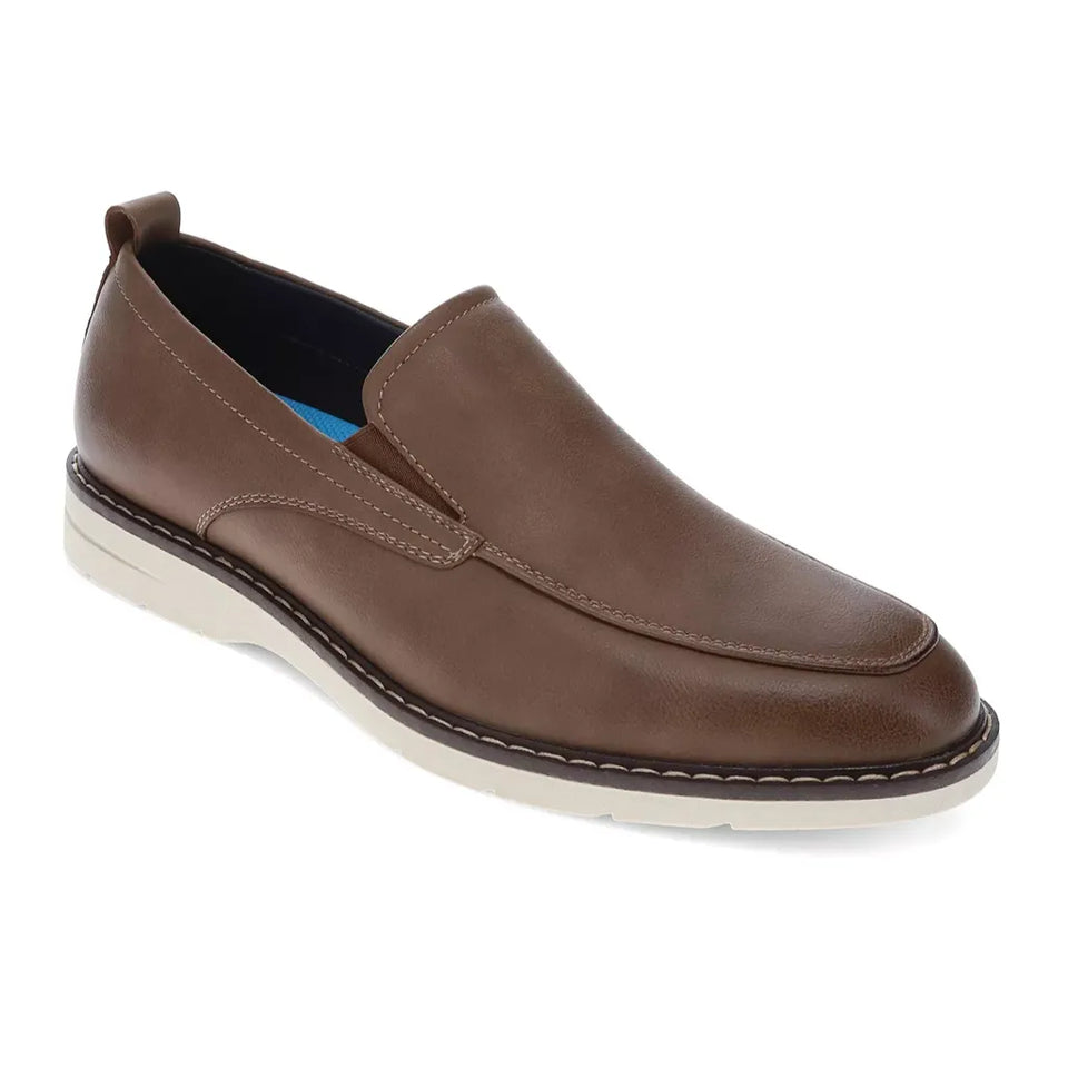 A brown leather slip-on loafer shoe with contrast stitching, a padded collar, and a white sole, shown from a three-quarters angle on a white background.