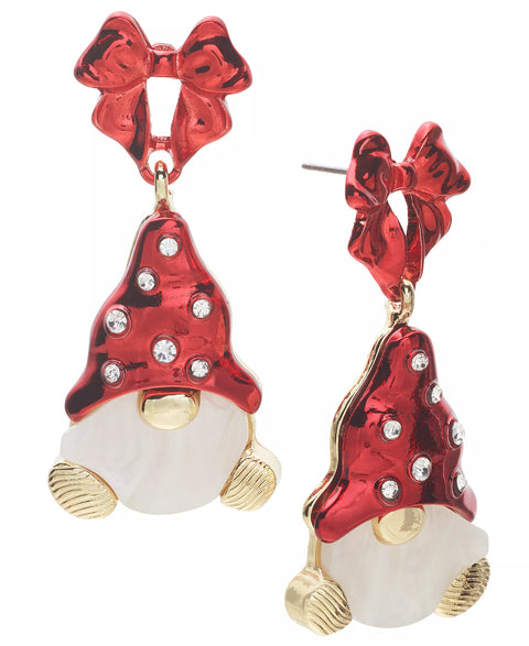 Gnome-shaped earrings with red hats and gold accents on a white background