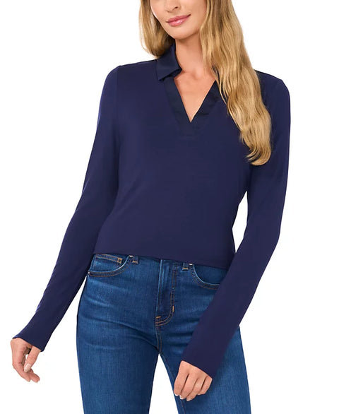 CeCe Women's Navy Woven-Collar Knit Long-Sleeve Blouse | CeCe In Lebanon