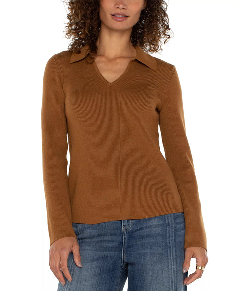 Liverpool Los Angeles Women's Brown Rib-Knit Collared Sweater | Liverpool Los Angeles In Lebanon