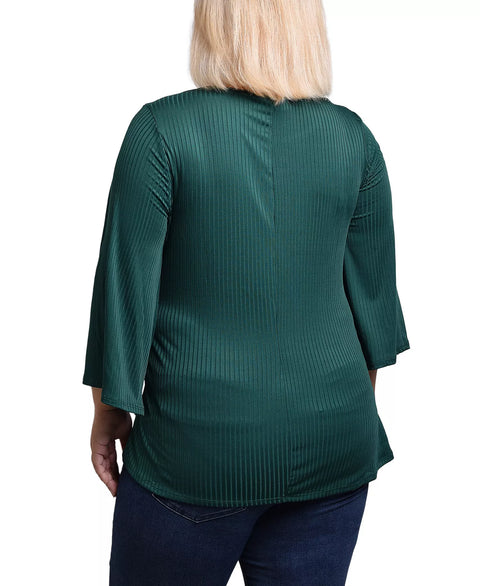 NY Collection Women's Dark Green  Plus Size 3/4 Sleeve Pleat-Waist Blouse  | NY Collection in Lebanon