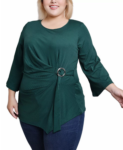 NY Collection Women's Dark Green  Plus Size 3/4 Sleeve Pleat-Waist Blouse  | NY Collection in Lebanon