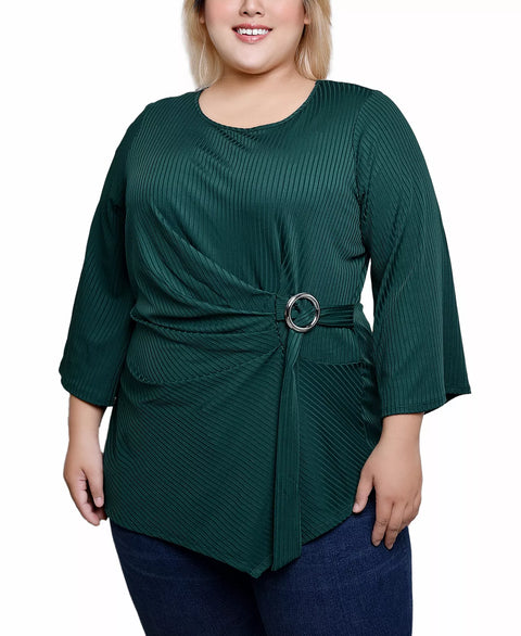 NY Collection Women's Dark Green  Plus Size 3/4 Sleeve Pleat-Waist Blouse  | NY Collection in Lebanon