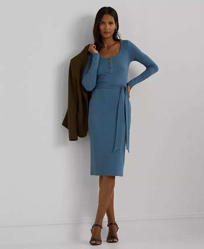 Lauren Ralph Lauren Women's Washed Blue Belted Rib-Knit Henley Dress | Lauren Ralph Lauren In Lebanon