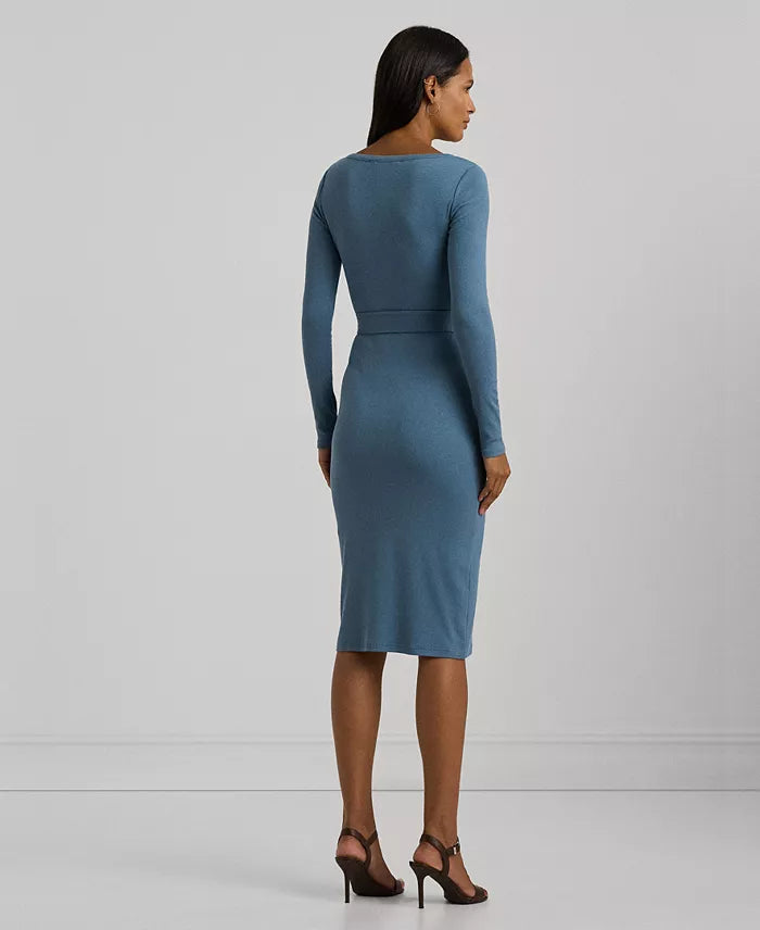 Lauren Ralph Lauren Women's Washed Blue Belted Rib-Knit Henley Dress | Lauren Ralph Lauren In Lebanon