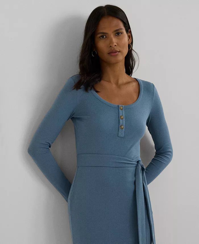 Lauren Ralph Lauren Women's Washed Blue Belted Rib-Knit Henley Dress | Lauren Ralph Lauren In Lebanon