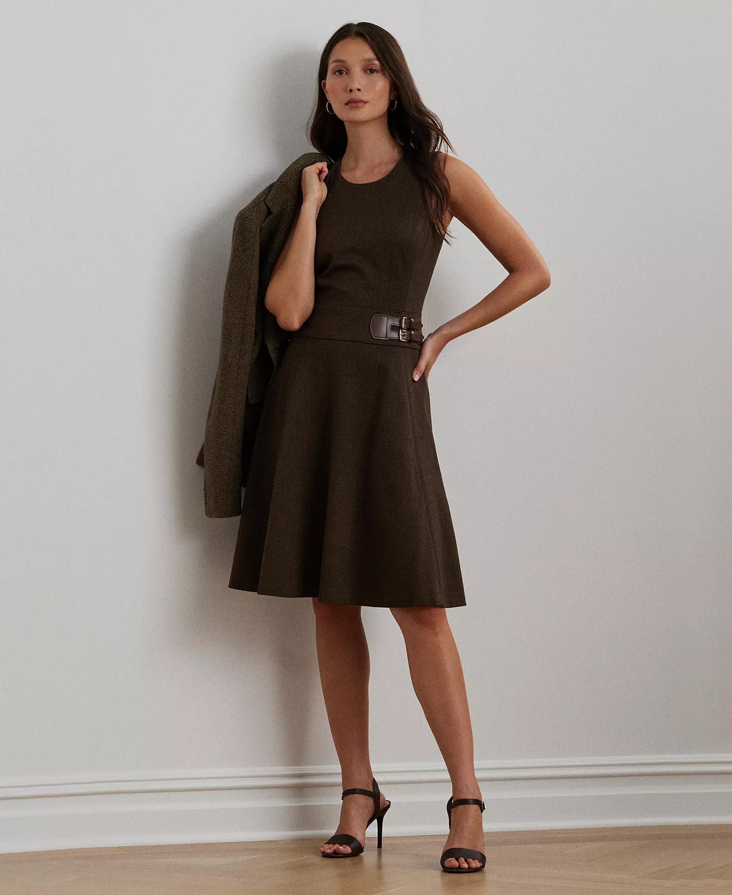 Lauren Ralph Lauren Women's Dark Green Buckle-Trim Herringbone Sleeveless Dress | Lauren Ralph Lauren In Lebanon