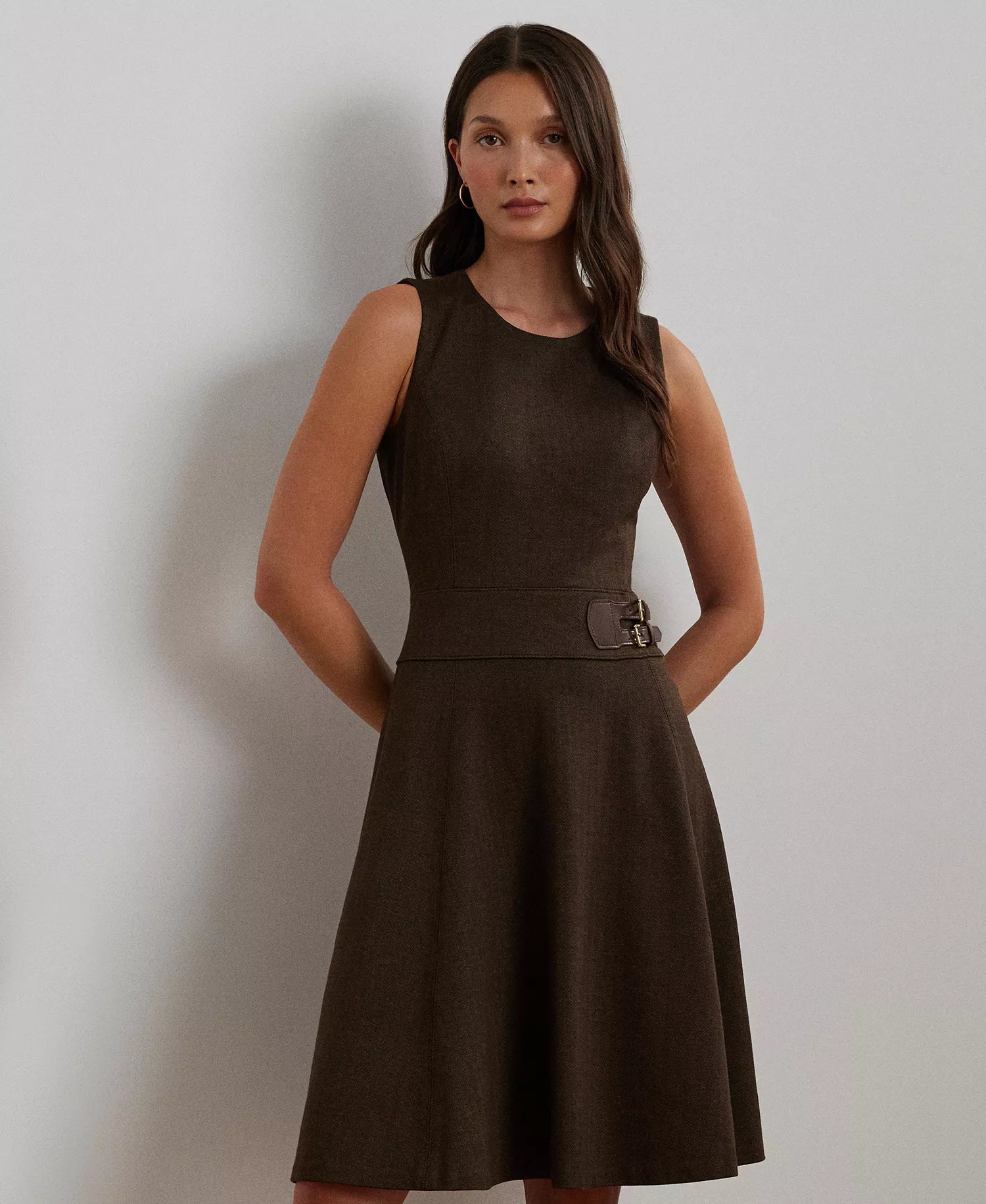 Lauren Ralph Lauren Women's Dark Green Buckle-Trim Herringbone Sleeveless Dress | Lauren Ralph Lauren In Lebanon
