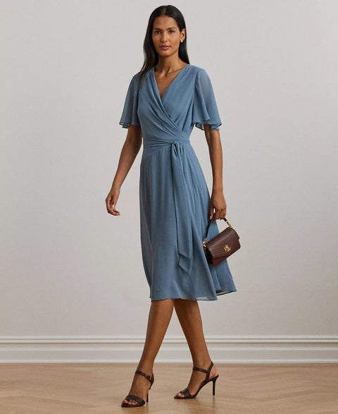 Lauren Ralph Lauren Women's Blue Belted Georgette Dress | Lauren Ralph Lauren In Lebanon