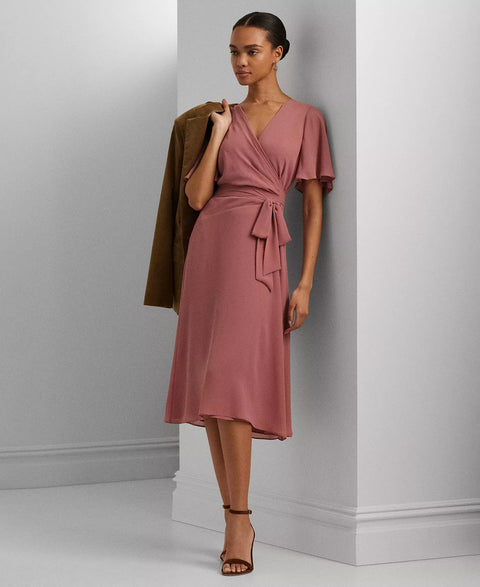 Lauren Ralph Lauren Women's Pink Belted Georgette Dress | Lauren Ralph Lauren In Lebanon