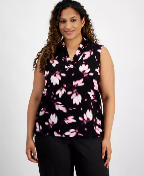 Anne Klein Women's Orchid Pink/Black Floral Triple Pleat Sleeveless V-Neck Blouse | Anne Klein In Lebanon