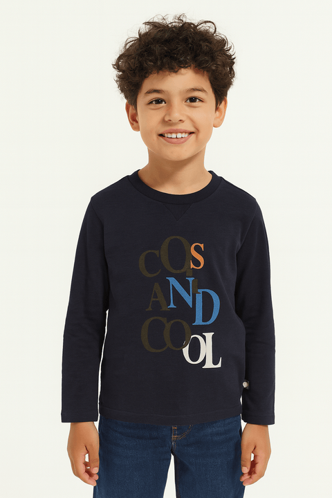 POMPdeLUX Boy's Navy Round Neck Long-Sleeve Cotton Blouse | POMPdeLUX In Lebanon