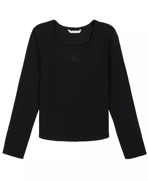 Black long-sleeve shirt with a brand logo on a white background