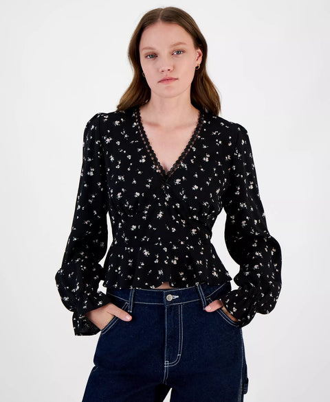 Celebrity Pink Women's Black V-Neck Printed Peplum Long Sleeve Top Blouses | Celebrity Pink In Lebanon