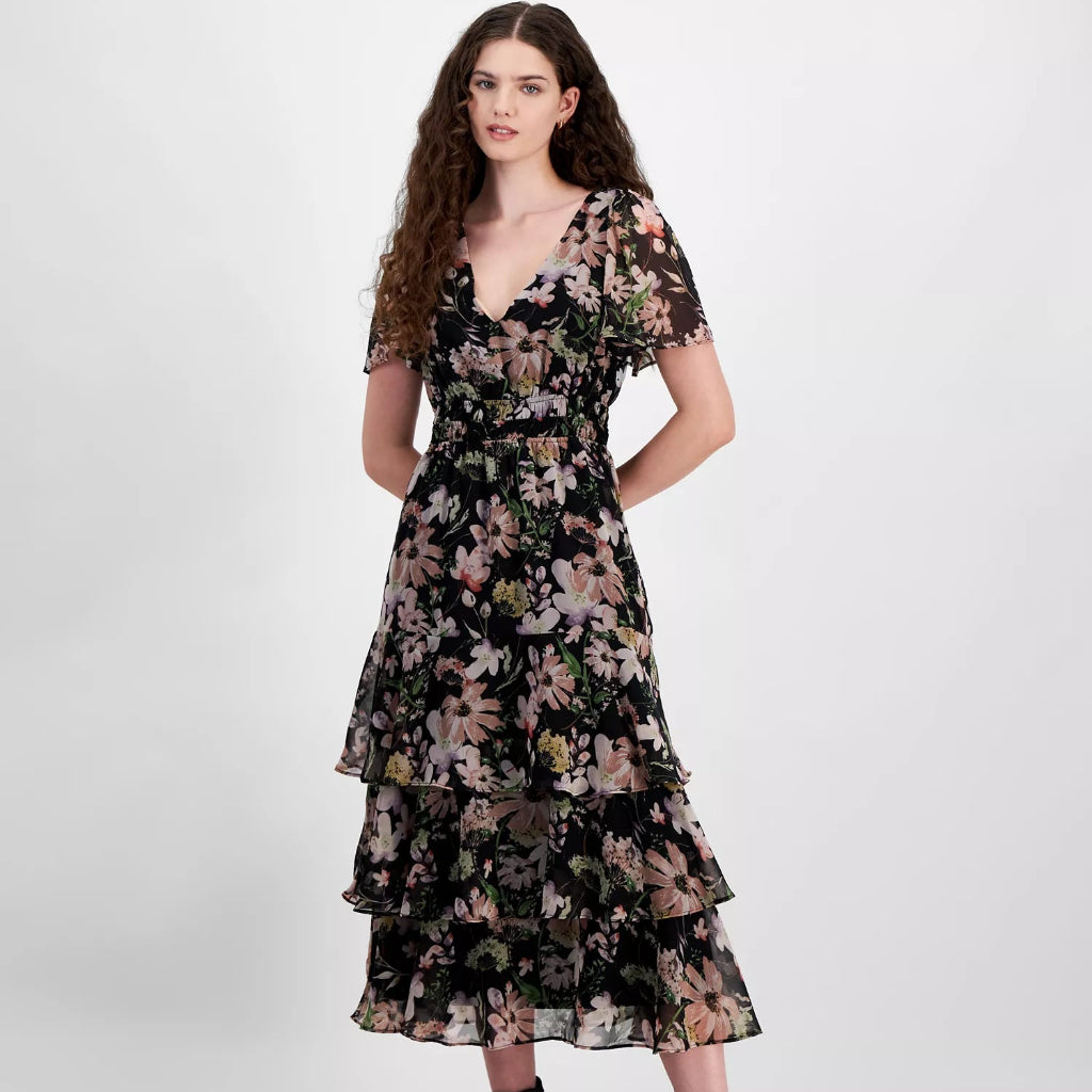 Lucy Paris Women's Black Floral Claire Smocked-Waist Tiered Dress
