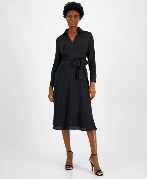 Tahari ASL Women's Black Collared Waist-Tie Midi Dress | Tahari ASL In Lebanon