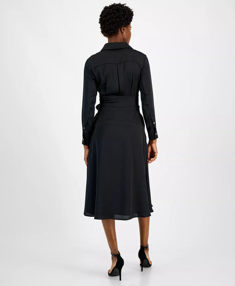Tahari ASL Women's Black Collared Waist-Tie Midi Dress | Tahari ASL In Lebanon