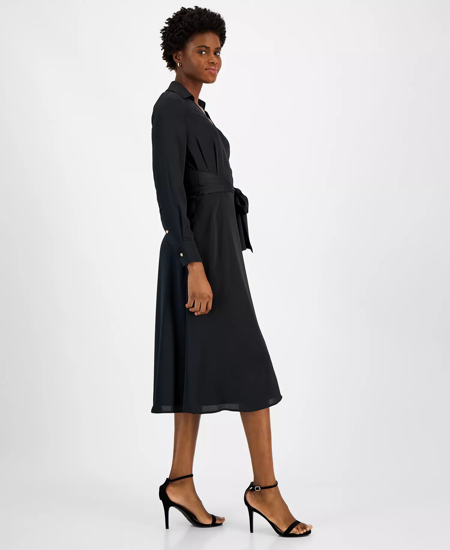 Tahari ASL Women's Black Collared Waist-Tie Midi Dress | Tahari ASL In Lebanon
