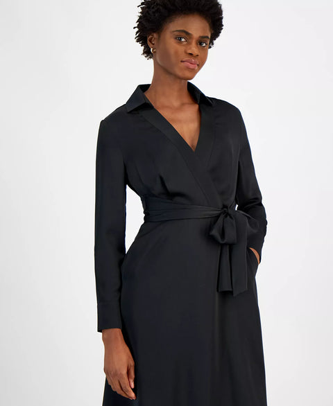 Tahari ASL Women's Black Collared Waist-Tie Midi Dress | Tahari ASL In Lebanon
