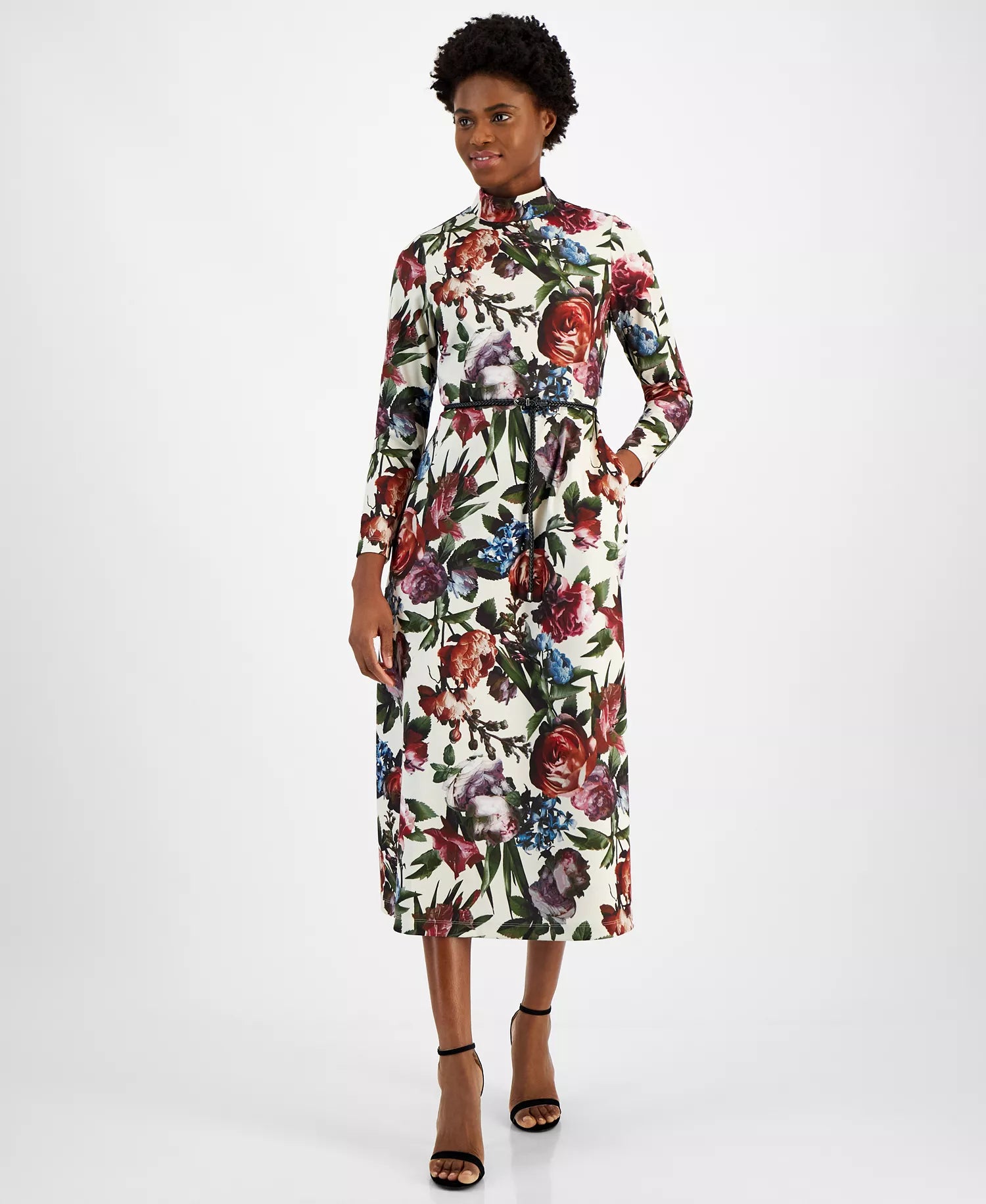 Anne Klein Women's Multicolor Mock Neck Belted Long-Sleeve Midi Dress | Anne Klein In Lebanon