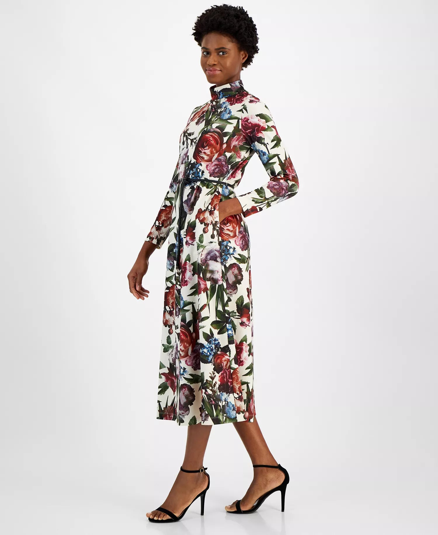Anne Klein Women's Multicolor Mock Neck Belted Long-Sleeve Midi Dress | Anne Klein In Lebanon