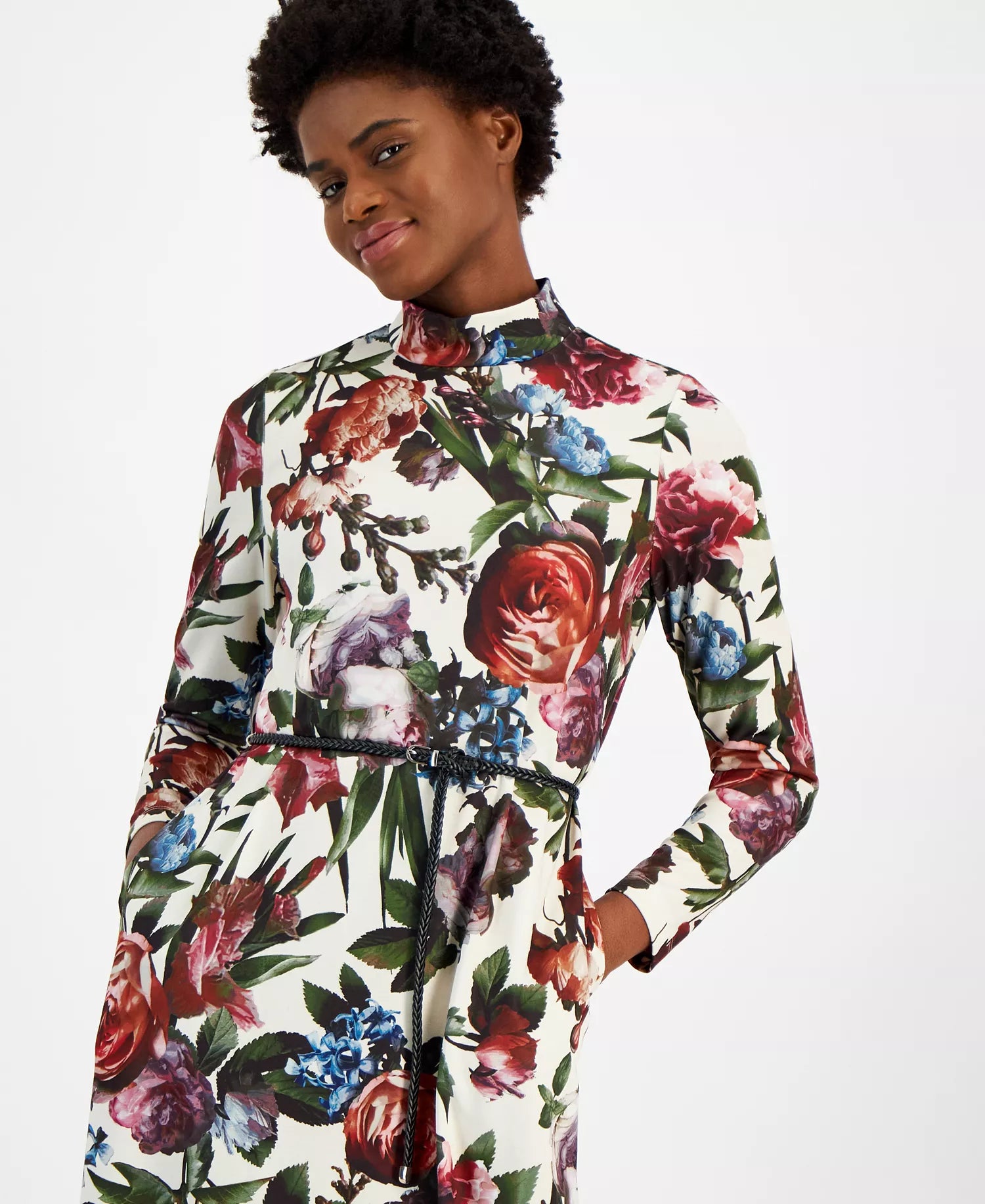 Anne Klein Women's Multicolor Mock Neck Belted Long-Sleeve Midi Dress | Anne Klein In Lebanon
