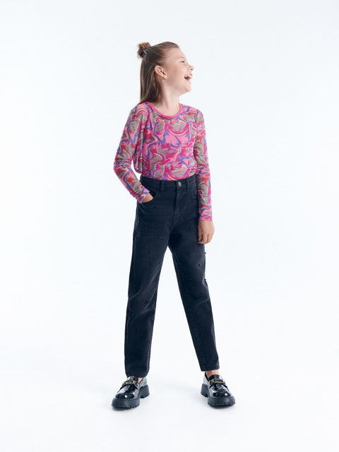 Reserved Girl's Black Mom Fit Jeans With Pearl |Reserved In Lebanon