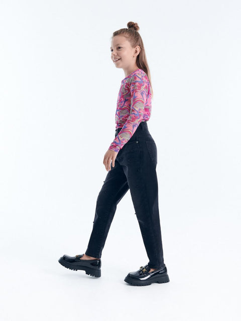Reserved Girl's Black Mom Fit Jeans With Pearl |Reserved In Lebanon