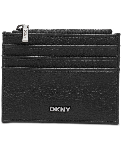 Black leather cardholder with 'DKNY' logo on a white background