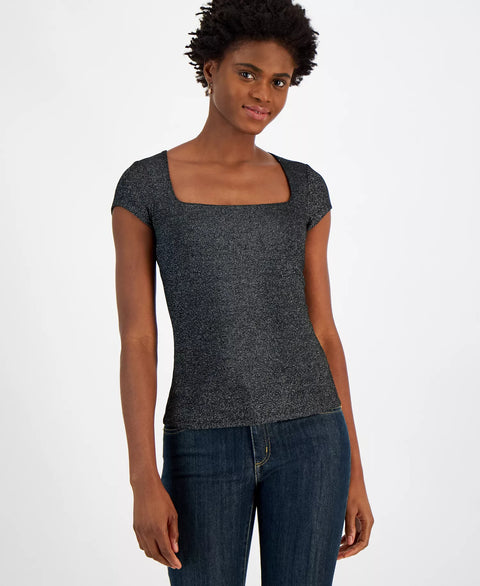 Michael Kors Women's Black Silver Metallic Cap-Sleeve Blouse |  Michael Kors  in Lebanon