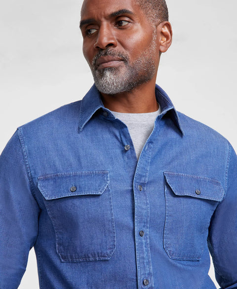 Michael Kors Men's Dark Blue Slim-Fit Double Pocket Chambray Long-Sleeve Button-Down Shirt | Michael Kors In Lebanon