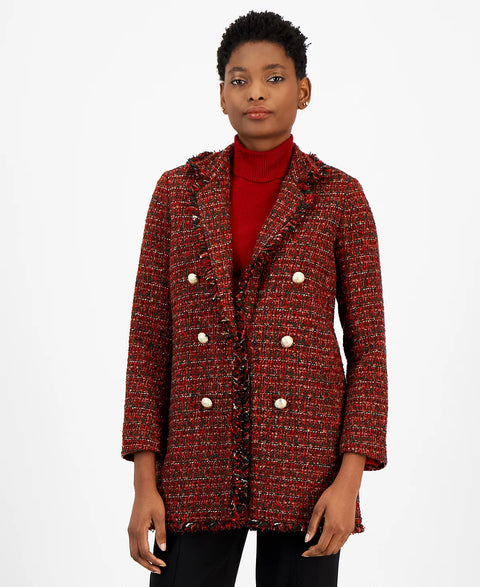 Anne Klein Women's Red Faux-Double-Breasted Fringe-Trim Tweed Jacket | Anne Klein In Lebanon