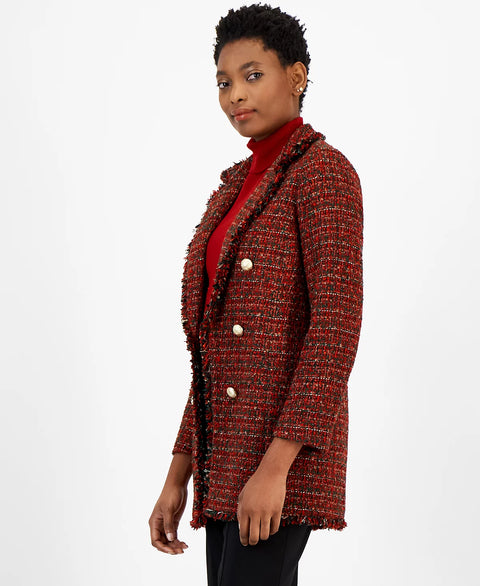 Anne Klein Women's Red Faux-Double-Breasted Fringe-Trim Tweed Jacket | Anne Klein In Lebanon