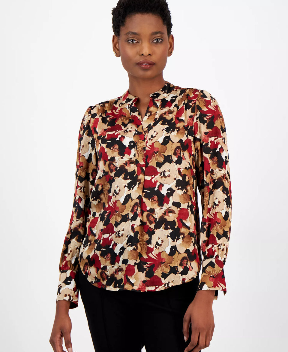 Anne Klein Women's Multicolor Printed V-Neck Long-Sleeve Top | Anne Klein In Lebanon