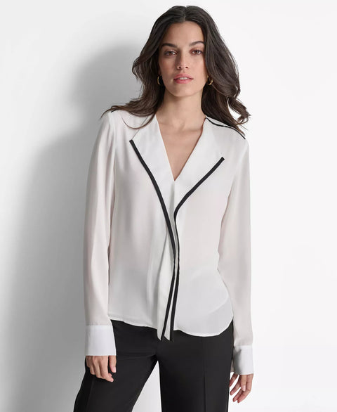 DKNY Women's White Long Sleeve V-Neck Blouse | DKNY In Lebanon