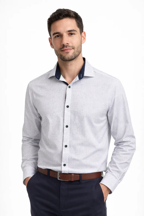 Society of Threads Men's White & Navy Doted Regular Fit Dress Shirt | Society of Threads In Lebanon