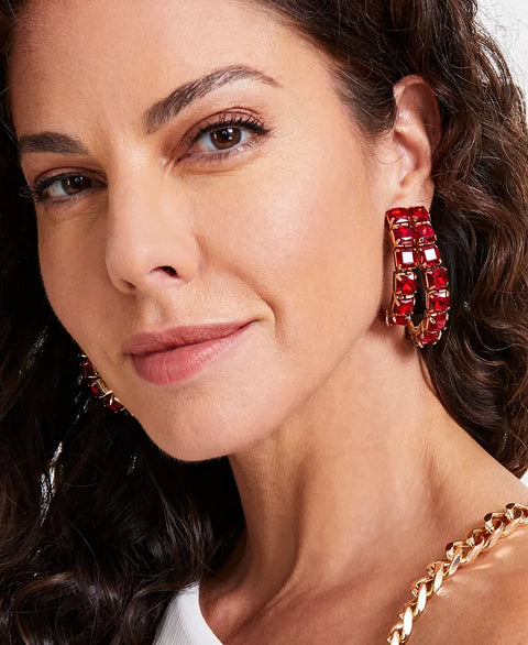 I.N.C. International Concepts Women's Red Square Stone Double-Row Open Hoop Earrings | I.N.C. International Concepts In Lebanon