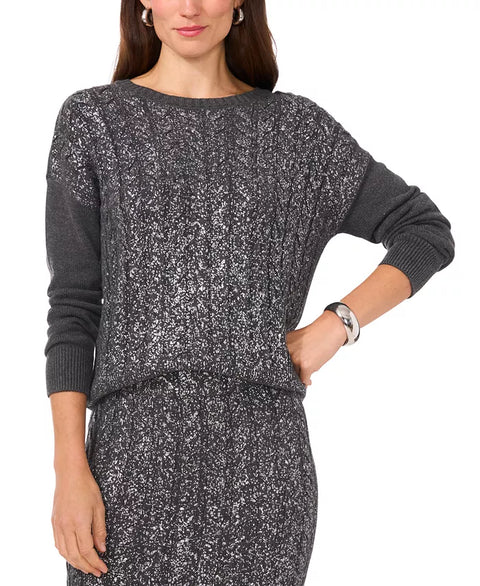 Vince Camuto Women's Dark Gray Cable-Knit Shine Crewneck Sweater | Vince Camuto In Lebanon