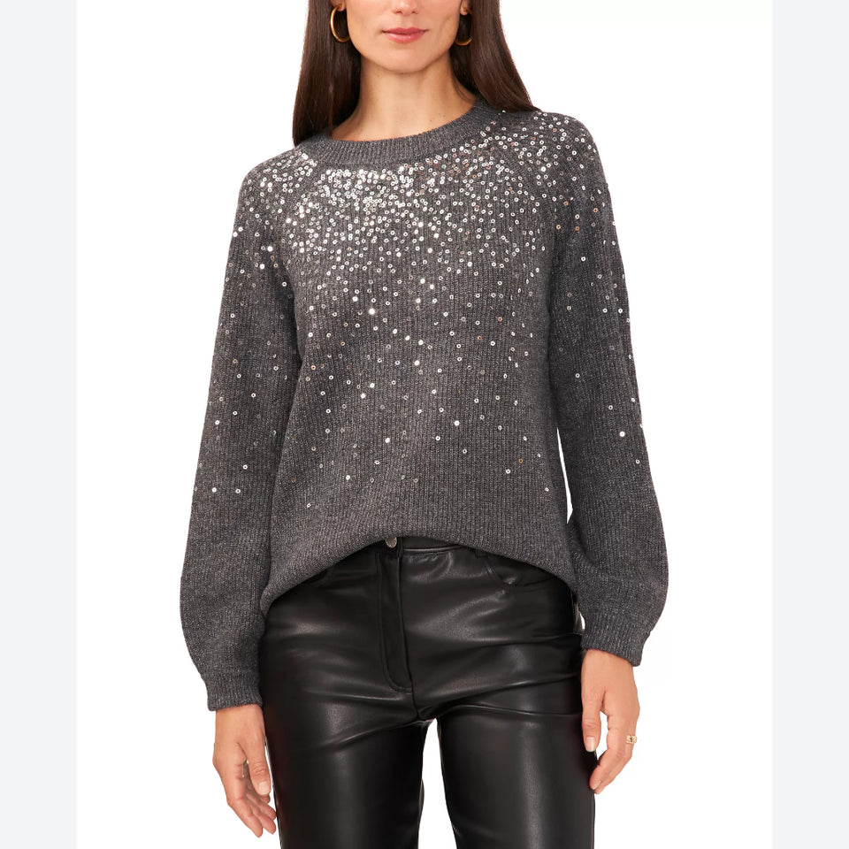 Vince Camuto Women's Gray Cozy Crewneck Sequined Raglan-Sleeve Sweater