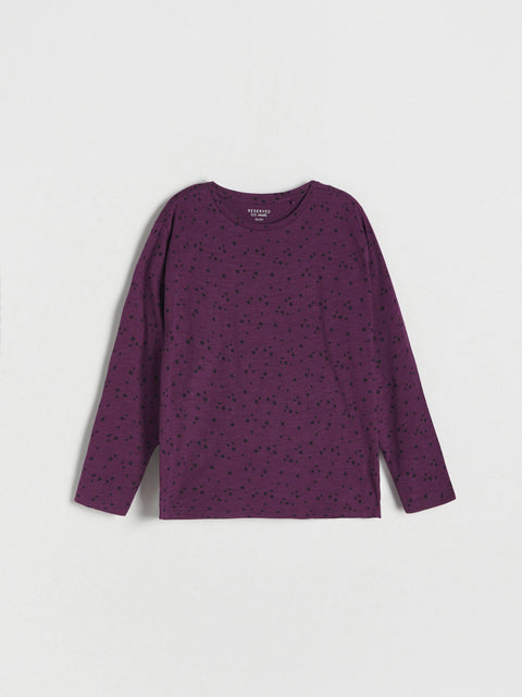 Purple long-sleeve shirt with a subtle pattern on a white background