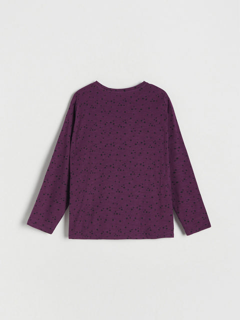 Purple long-sleeve shirt with a subtle pattern on a white background