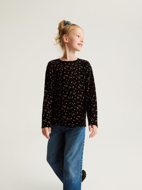 Reserved Girl's Black Long-sleeved Cotton Blouse With Stars | Reserved In Lebanon