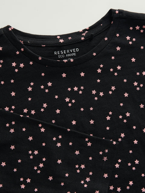 Reserved Girl's Black Long-sleeved Cotton Blouse With Stars | Reserved In Lebanon