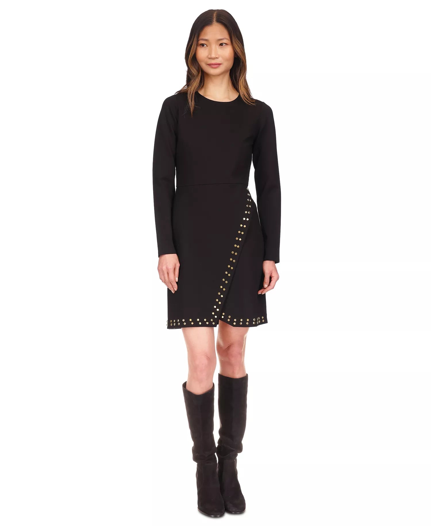 Michael Kors Women's Black Stud-Detail Faux-Wrap Dress|Michael Kors In Lebanon