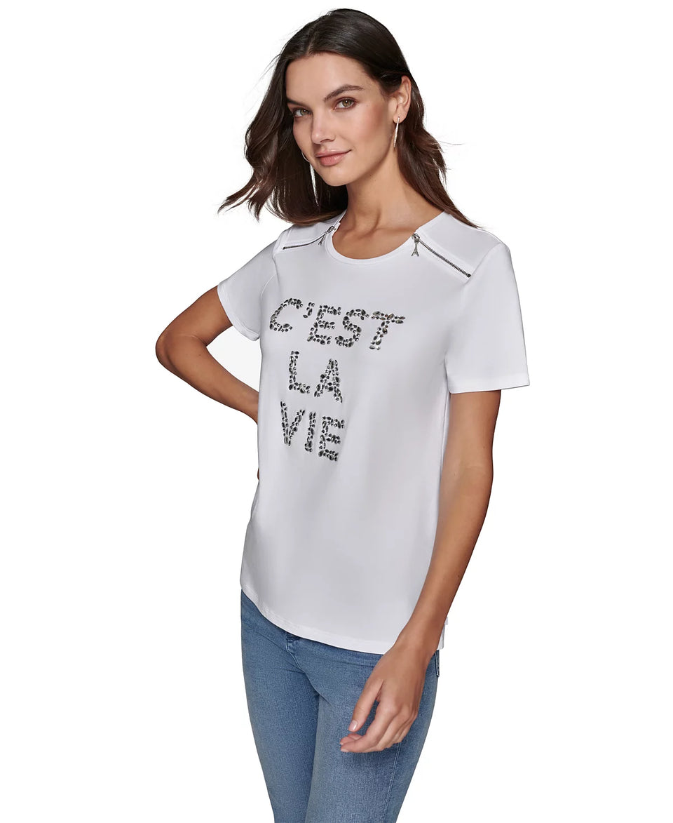 Karl Lagerfeld Paris Women's White Embellished Graphic T-Shirt | Karl Lagerfeld Paris In Lebanon