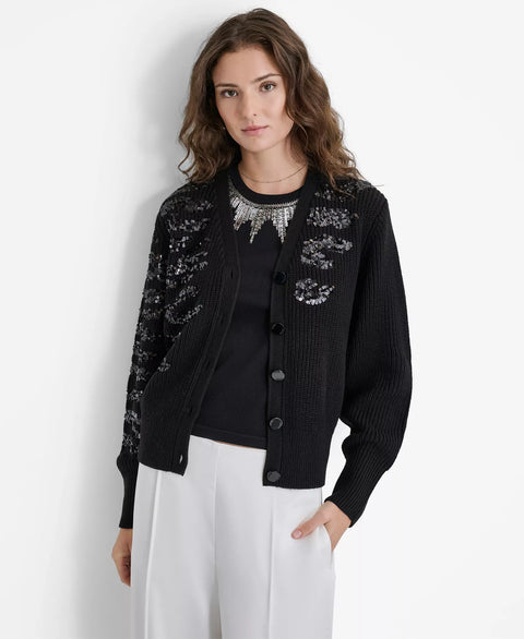 DKNY Women's Black Animal-Sequin Rib-Knit Button-Up Cardigan | DKNY In Lebanon